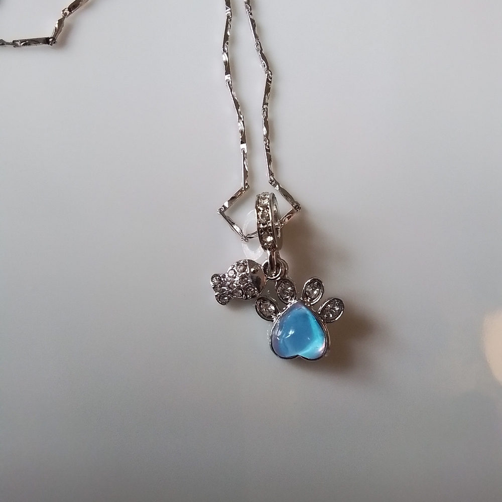 Paw Print Necklace with Blue Heart Charm - Picture 3 of 8